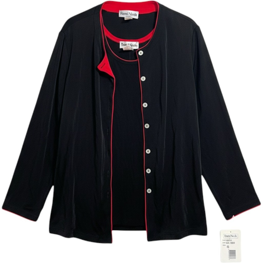 Ronni Nicole by Ouida 2 Piece Cardigan and Dress Set Black Red Trim Size 16 NWT